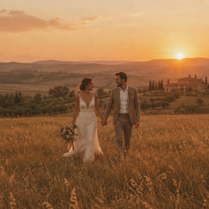 The couple walking through a field at sunset