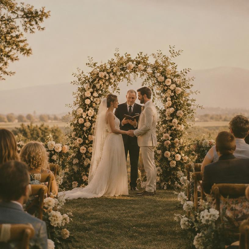The wedding ceremony under a floral arch